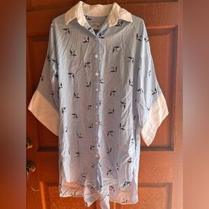 Blue and White Striped Skirt with Bird Design